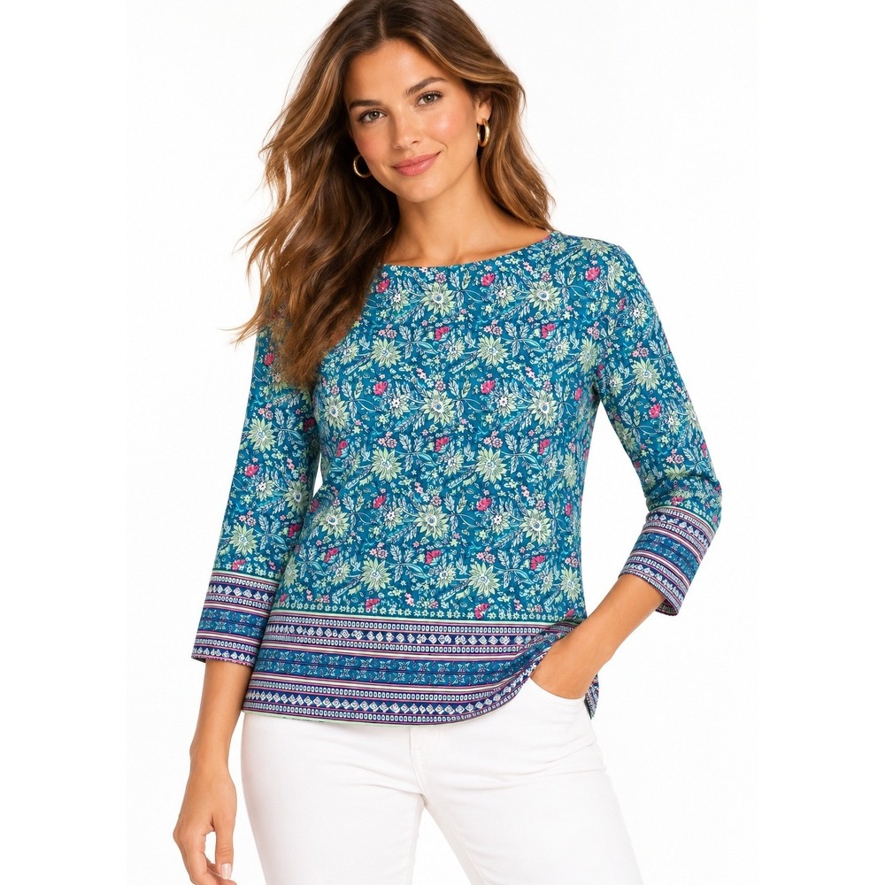 Talbots Floral Boatneck Tee Teal Blue Multicolor 3/4 Sleeve Top Large NWT